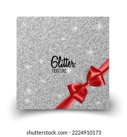 Silver, glitter background with realistic red bow. Vector format