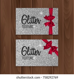 Silver, glitter background with realistic red bow. Vector illustration