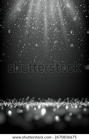 Silver glitter background. Shiny metallic particles with sparkling stars and bokeh lights on black vertical backdrop. Celebration, glamour, luxury, festive night, elegant vector decoration.