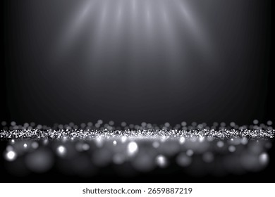 Fondo de brillo de plata con destellos. Partículas metálicas brillantes, rayos de luz brillantes y efectos bokeh sobre fondo oscuro. Escena festiva de lujo para celebración, vacaciones, diseño de premios. Vector