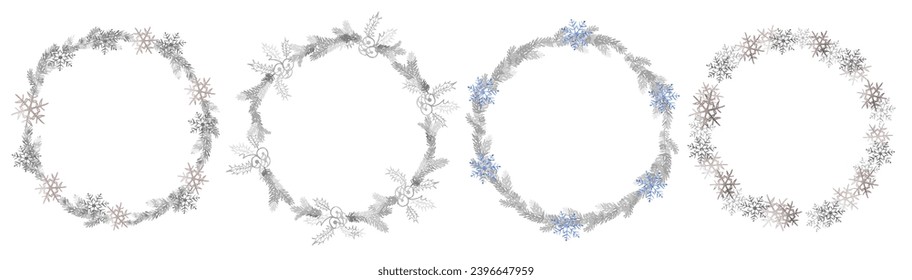 Silver and glitter blue snowflake circle wreath for card or invite. Vector background for Christmas design.