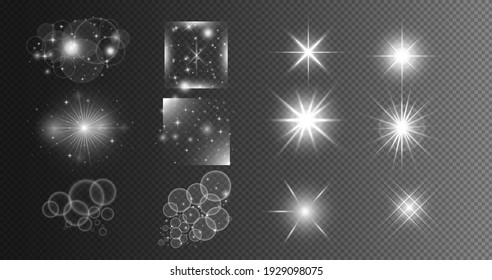 Luces de bokeh y lente de brillo plateado. Estrella brillante, partículas solares y chispas con efecto de resplandor en un fondo transparente.