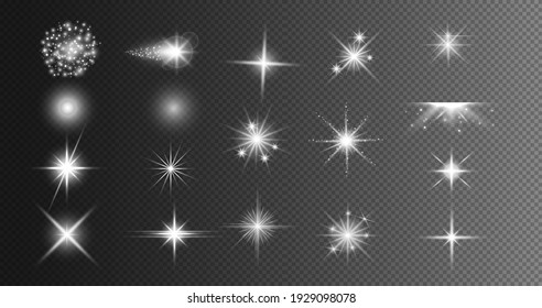 Silver glitter bokeh lights and lens flare. Bright star, solar particles and sparks with glare effect on a transparent background.