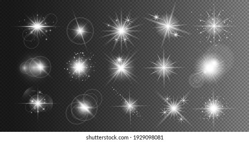 Silver glitter bokeh lights and lens flare. Bright star, solar particles and sparks with glare effect on a transparent background.