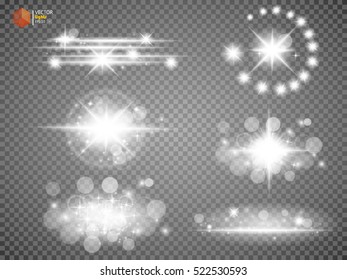Silver glitter bokeh lights and tinsel. Bright star, solar particles and sparks with glare effect on a transparent background