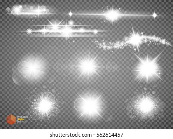Silver glitter bokeh lights and tinsel. Bright star, solar particles and sparks with glare effect on a transparent background