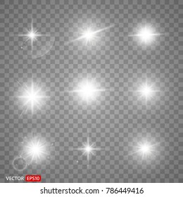 Silver glitter bokeh lights and tinsel. Bright star, solar particles and sparks with glare effect on a transparent background. Vector EPS10