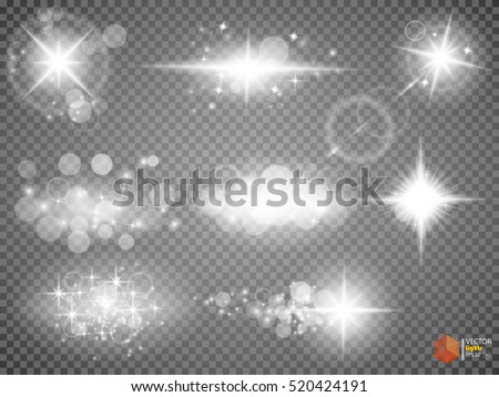 Silver glitter bokeh lights and tinsel. Bright star, solar particles and sparks with glare effect on a transparent background