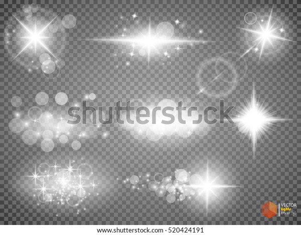 Silver glitter bokeh lights and tinsel. Bright
star, solar particles and sparks with glare effect on a transparent
background