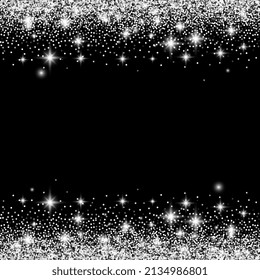 Silver glitter borders with sparkles. Abstract shiny bright background. Template for Christmas and New Year design. Vector illustration