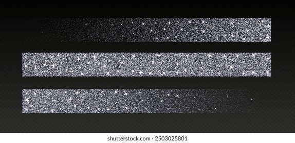 Silver glitter brush strokes, shimmer spray effect, luxury shimmery particles, festive holiday sparkles, shiny star dust lines isolated on a dark background. Christmas decoration. Vector illustration.