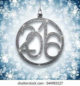 Silver glitter Christmas ball 2016 design, New Year greeting card, postcard, vector illustration