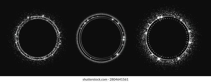 Silver glitter circle frame set. Sparkle dust, dotted ring. Shiny particle, star flare accents. For luxury banner, badge, premium label, logo. Vector glowing elements.