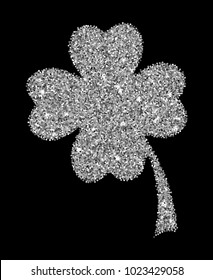 Silver glitter clover leaf vector illustration isolated over black. St. Patrick's day objects.