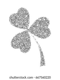 Silver glitter clover leaf vector illustration isolated over white. St. Patrick's day objects.