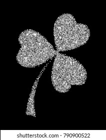 Silver glitter clover leaf vector illustration isolated over black. St. Patrick's day objects.
