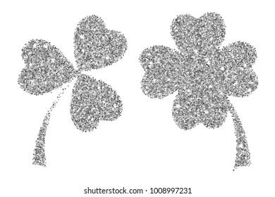 Silver glitter clover leaves vector illustration isolated over white. St. Patrick's day objects.