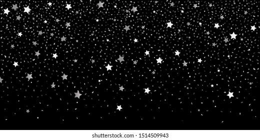 Silver glitter confetti. Abstract design element. Christmas, New Year holiday celebration background. Invitation background. Star silver shine. Christmas light background.