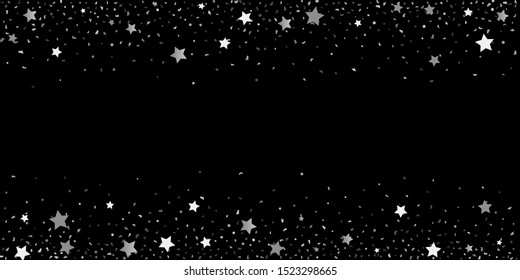 Silver glitter confetti. Abstract design element. Christmas, New Year holiday celebration background. Invitation background. Star silver shine. Christmas light background.