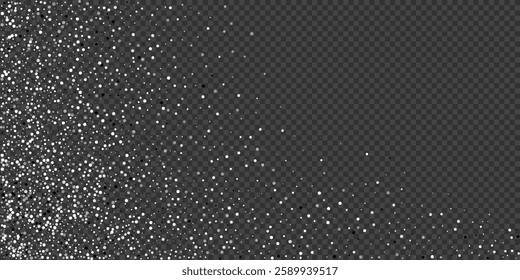 Silver glitter confetti background. Silver glittering dust on transparent background with copy space. Festive holiday shiny luxury backdrop. Abstract vector illustration.