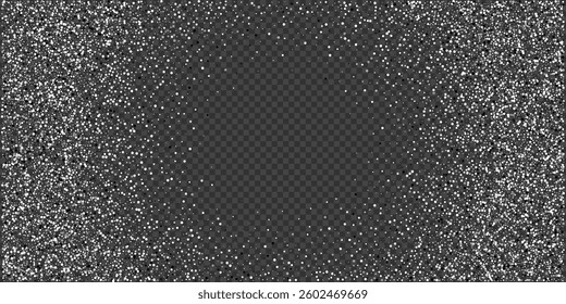 Silver glitter confetti background. Silver glittering dust on transparent background with copy space. Festive holiday shiny luxury backdrop. Abstract vector illustration.