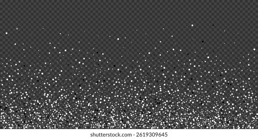 Silver glitter confetti background. Silver glittering dust on transparent background with copy space. Festive holiday shiny luxury backdrop. Abstract vector illustration.