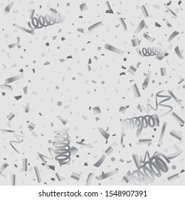 Silver glitter confetti. Light background. White abstract texture. Vector abstract graphic design. New Year Christmas. Silver glitter background. Vector elegant invitation template.