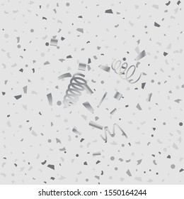 Silver glitter confetti. Light background. White abstract texture. Vector abstract graphic design. New Year Christmas. Silver glitter background. Vector elegant invitation template.