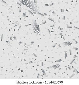 Silver glitter confetti. Light background. White abstract texture. Vector abstract graphic design. New Year Christmas. Silver glitter background. Vector elegant invitation template.