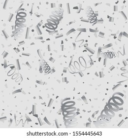Silver glitter confetti. Light background. White abstract texture. Vector abstract graphic design. New Year Christmas. Silver glitter background. Vector elegant invitation template.