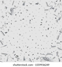 Silver glitter confetti. Light background. White abstract texture. Vector abstract graphic design. New Year Christmas. Silver glitter background. Vector elegant invitation template.