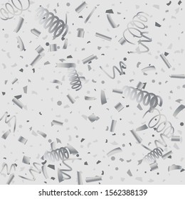 Silver glitter confetti. Light background. White abstract texture. Vector abstract graphic design. New Year Christmas. Silver glitter background. Vector elegant invitation template.
