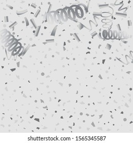 Silver glitter confetti. Light background. White abstract texture. Vector abstract graphic design. New Year Christmas. Silver glitter background. Vector elegant invitation template.