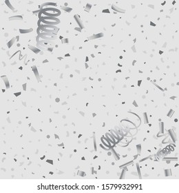 Silver glitter confetti. Light background. White abstract texture. Vector abstract graphic design. New Year Christmas. Silver glitter background. Vector elegant invitation template.