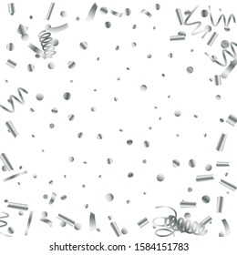 Silver glitter confetti. Light background. White abstract texture. Vector abstract graphic design. New Year Christmas. Silver glitter background. Vector elegant invitation template.