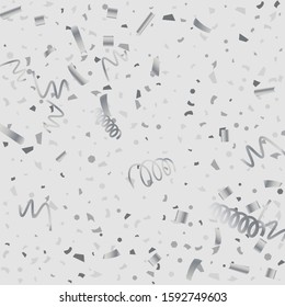 Silver glitter confetti. Light background. White abstract texture. Vector abstract graphic design. New Year Christmas. Silver glitter background. Vector elegant invitation template.