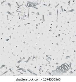 Silver glitter confetti. Light background. White abstract texture. Vector abstract graphic design. New Year Christmas. Silver glitter background. Vector elegant invitation template.