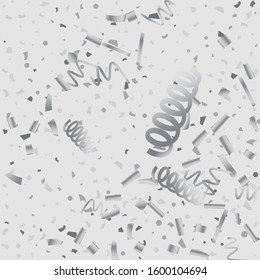 Silver glitter confetti. Light background. White abstract texture. Vector abstract graphic design. New Year Christmas. Silver glitter background. Vector elegant invitation template.