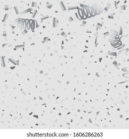 Silver glitter confetti. Light background. White abstract texture. Vector abstract graphic design. New Year Christmas. Silver glitter background. Vector elegant invitation template.