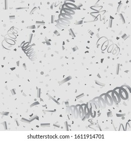 Silver glitter confetti. Light background. White abstract texture. Vector abstract graphic design. New Year Christmas. Silver glitter background. Vector elegant invitation template.