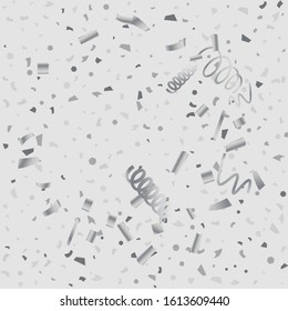 Silver glitter confetti. Light background. White abstract texture. Vector abstract graphic design. New Year Christmas. Silver glitter background. Vector elegant invitation template.