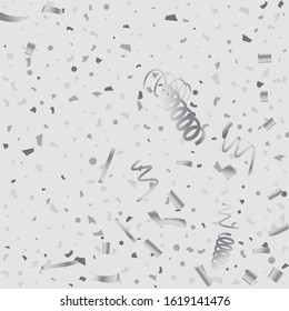 Silver glitter confetti. Light background. White abstract texture. Vector abstract graphic design. New Year Christmas. Silver glitter background. Vector elegant invitation template.