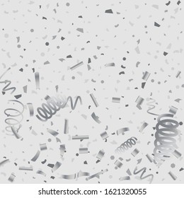 Silver glitter confetti. Light background. White abstract texture. Vector abstract graphic design. New Year Christmas. Silver glitter background. Vector elegant invitation template.