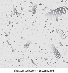 Silver glitter confetti. Light background. White abstract texture. Vector abstract graphic design. New Year Christmas. Silver glitter background. Vector elegant invitation template.