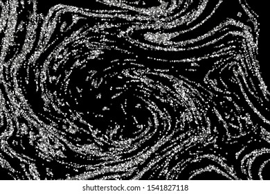 Silver glitter confetti on a black background. Illustration of a drop of shiny particles. Decorative element. Luxury background for your design, cards, invitations, gift, vip. 