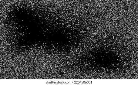 Silberglitter Konfetti auf schwarzem Hintergrund. Grau-Farbverlauf-Teilchen verstreut, Sand. Dekoratives Element. Luxuriöser Hintergrund für Ihr Design, Postkarten, Einladungen, Vektorgrafik