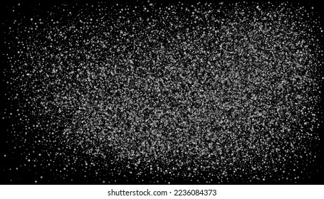 Silver glitter confetti on a black background. Gray gradient particles scattered, sand. Decorative element. Luxury background for your design, postcards, invitations, vector