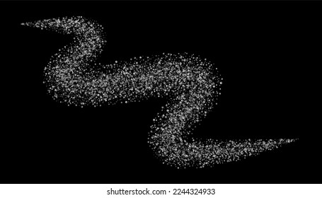 Confeti de brillo plateado sobre un fondo negro. Partículas de gradiente gris dispersas, arena. Elemento decorativo. Fondo de lujo para su diseño, postales, invitaciones, vector