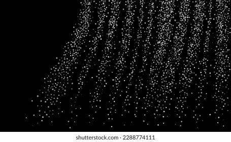 Silver glitter confetti on a black background. Shiny particles are scattered, sand. Decorative element. Luxury background for your design, postcards, invitations, vector