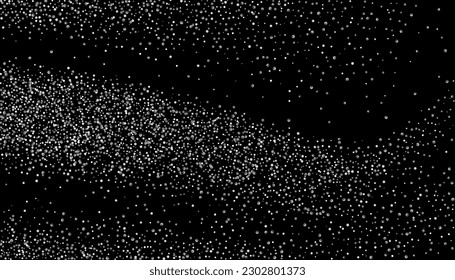 Silver glitter confetti on a black background. Shiny particles are scattered, sand. Decorative element. Luxury background for your design, postcards, invitations, vector
